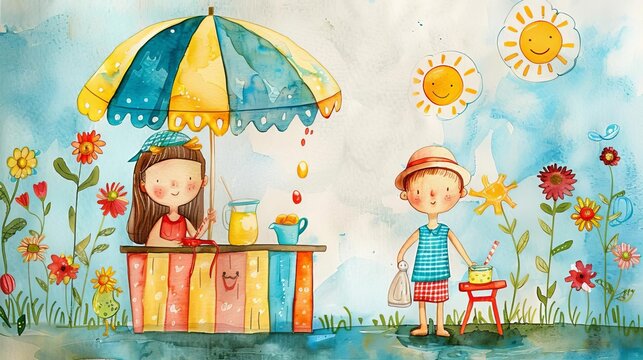 Colorful watercolor illustration of kids at a lemonade stand on a sunny day, surrounded by flowers and vibrant summer scenery.