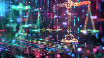Digital representation of justice with scales on a vibrant, futuristic background full of glowing lines and patterns, signifying technology and law.