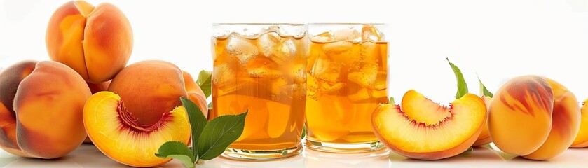 friends operating a peach iced tea stand with ripe peach slices, perfect summer refreshment, isolated white background, copy space