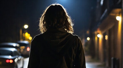 A Back or rear view Silhouette of a young woman walking home alone at night , scared of stalker and being assaulted, insecurity concept
