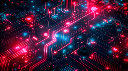 Obraz premium High tech futuristic background, circuit board red blue lights, copy space for text