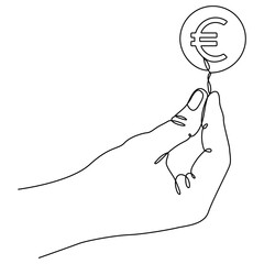 Euro coin in hand continuous line drawn. Pay symbol. Charity donation concept. Vector illustration isolated on white.