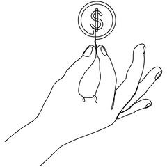 Hand holds coin continuous one line drawing art. Dollar linear symbol. Savings and investment money concept. Vector illustration isolated on white.