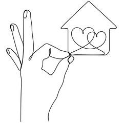 Hand holding house with two hearts continuous line drawn. Real estate protection concept. Family symbol. Vector illustration isolated on white.