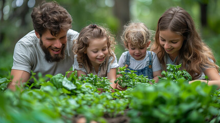 young family with children planting plants-blurred background