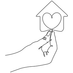 Hand holding house with heart shape continuous line drawn. Charity symbol. Vector illustration isolated on white.