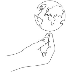 Hand holding Earth globe continuous line drawn. Save of Planet concept. Vector illustration isolated on white.