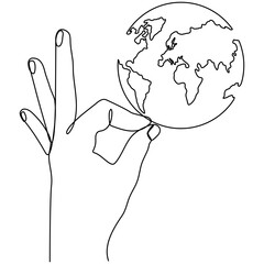 Hand holding Earth globe continuous line drawn. Save of Planet concept. Vector illustration isolated on white.