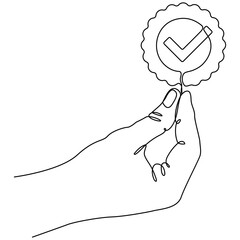 Hand holds award badge continuous line drawing. Approval check sign. Vector illustration isolated on white.