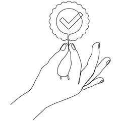 Hand holds award badge continuous line drawing. Approval check sign. Vector illustration isolated on white.