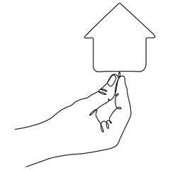 Hand holding house continuous line drawn. Real estate protection concept. Home symbol. Vector illustration isolated on white.