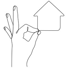 Hand holding house continuous line drawn. Real estate protection concept. Home symbol. Vector illustration isolated on white.