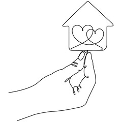 Hand holding house with two hearts continuous line drawn. Real estate protection concept. Family symbol. Vector illustration isolated on white.