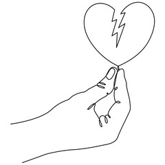 Hand holding broken heart continuous one line drawing. Love concept. Vector illustration isolated on white.