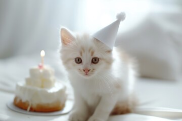 A cute kitten in a party hat is celebrating its birthday, creating a joyous and festive atmosphere. The adorable white feline looks innocent and cozy while surrounded by celebration items