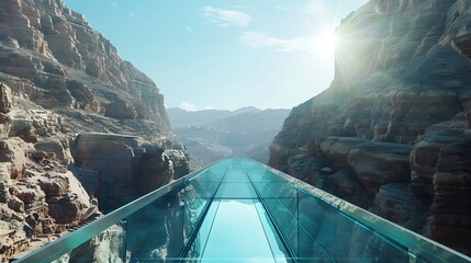 A sleek, modern glass bridge stretches over a narrow canyon, reflecting the brilliant midday sun. The sky is a vibrant azure blue. - Powered by Adobe