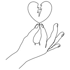 Hand holding broken heart continuous one line drawing. Love concept. Vector illustration isolated on white.