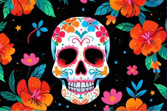 Beautiful colorful sugar skull with flowers on black background. Generative AI
