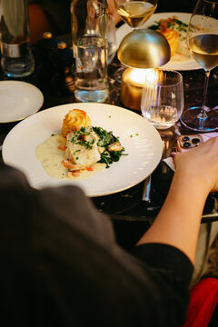steamed fish with mashed potato dish served in a restaurant
