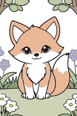 Chibi Kawaii style of a Sweet little fox in garden, coloring page, Cute background