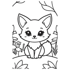 Chibi Kawaii style of a Sweet little fox in garden, coloring page, Cute background