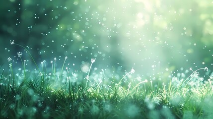 A peaceful meadow blanketed in morning mist, with a defocused background of glowing particles -