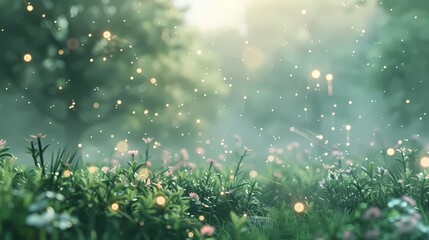 A peaceful meadow blanketed in morning mist, with a defocused background of glowing particles -
