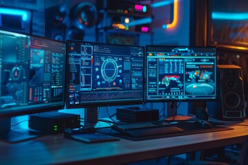 Fototapeta premium Closeup of an organized desk with multiple screens, emphasizing multitasking, cybernetic tone, Triadic Color Scheme