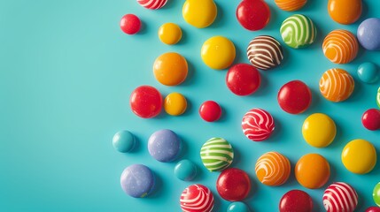 A playful arrangement of colorful candies against a smooth teal surface, appealing to the senses.