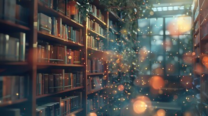 A quiet library, with a defocused background of softly glowing particles and a sense of tranquility -