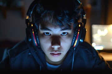 Intense gamer with headphones in a dark room