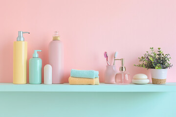 Bathroom shelf in pink and blue colors with toothbrushes, soap, towel and potted plant.