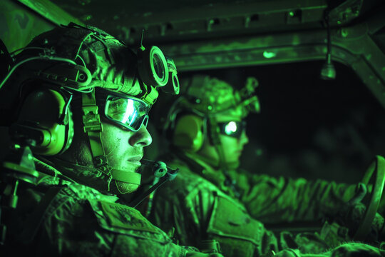 Close-up of military personnel wearing night vision goggles