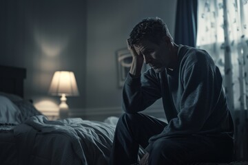 Middle-aged man sitting on bed with a look of concern and worry
