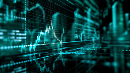 Financial stock market graph with glowing green lines and data points, on a dark background, depicting market trends and analytics.
