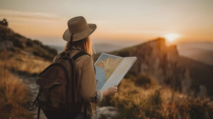 Hiker with a backpack and hat studies a map while standing on a trail overlooking a breathtaking sunset over mountains.