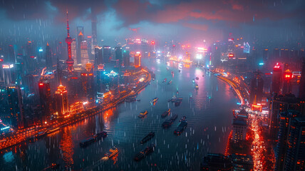 Oriental Pearl, Bund, Shanghai, Cyberpunk, information flow, technological lines, night, overlooking Angle, vista,generative ai