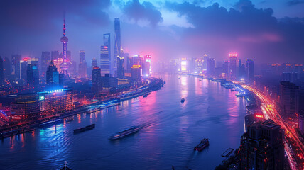 Naklejka premium Oriental Pearl, Bund, Shanghai, Cyberpunk, information flow, technological lines, night, overlooking Angle, vista,generative ai