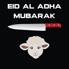 Eid al Adha Mubarak celebration poster with sheep and knife in vector format.