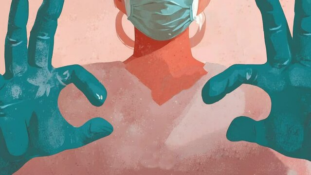  illustration of An adult doctor with latex gloves shows the heart symbol with her hands. concept of love and respect for health professionals.
