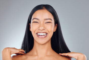 Beauty, laugh and portrait of woman in studio for cosmetics, wellness and skincare. Dermatology,...