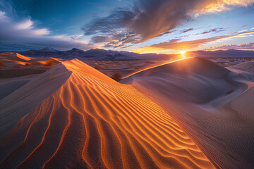 A desert landscape with a sun setting in the background - Powered by Adobe