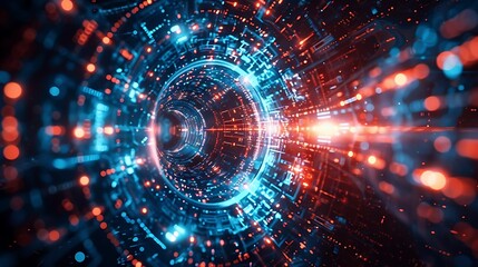 digital lines radiating outwards like a circular circuit board with a neon glow, abstract concept of technology