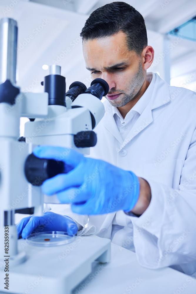 Poster Microscope, man and scientist with research for bacteria, tech and lab for results and observe. Microbiologist, science and person in pharmacy, healthcare and check for medicine, test or innovation