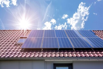 Fototapeta premium Innovative solar panels on the roof of a house, illuminated by the rays of the morning sun