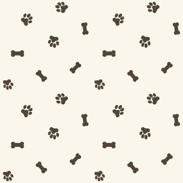 Dog paw and bone seamless vector pattern background. Fun scattered neutral canine backdrop with bones. Ecru beige animal repeat for doggie and pet products. Small elements all over print.