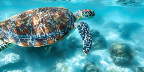 Photo of a green sea turtle swimming gracefully in turquoise waters. Concept Wildlife Photography, Marine Life, Underwater Beauty, Ocean Conservation, Aquatic Creatures