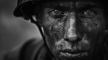 A man with a black helmet and a black face with dirt on it