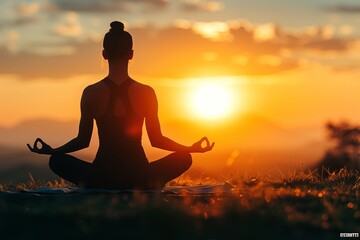 Sunset yoga woman in nature. Peace silhouette relax lotus body pose health mind sky lifestyle light calm harmony balance healthy active exercise outdoor young training practice