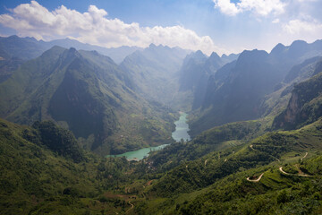 Aerial view of Nho Que River on Ha Giang loop, Vietnam.